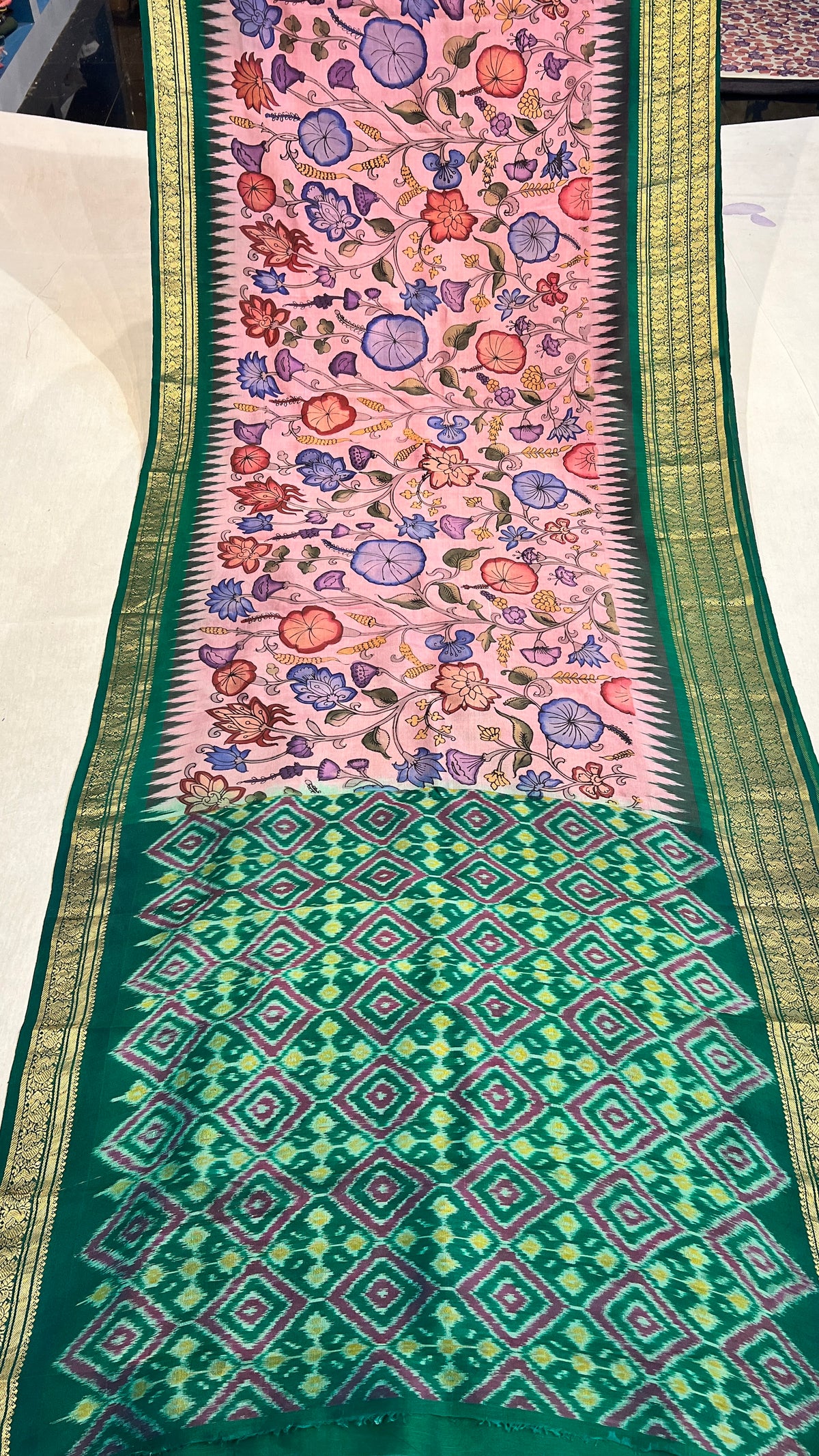 Pen Kalamkari Ikkath Pattu Kanchi Border Saree