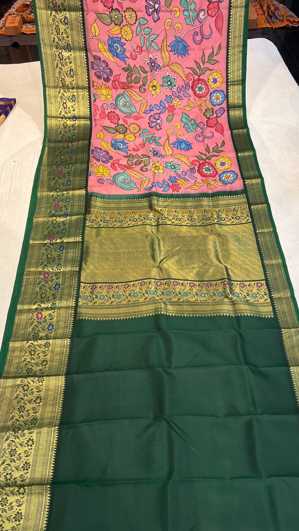 Pen Kalamkari Meenakari Border Kanchi Pattu Saree