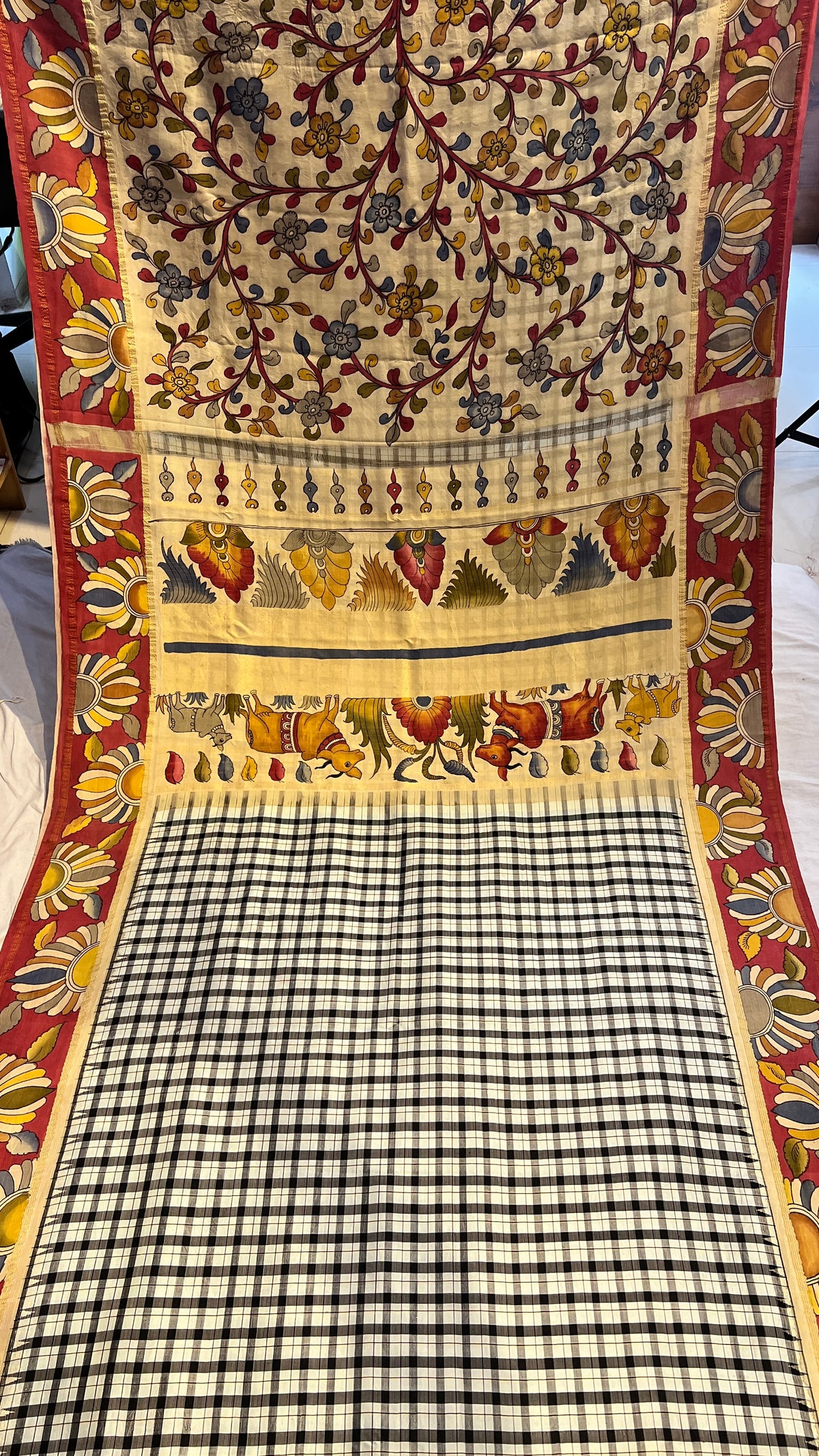 Pen Kalamkari Kattam checks Kanchipattu saree