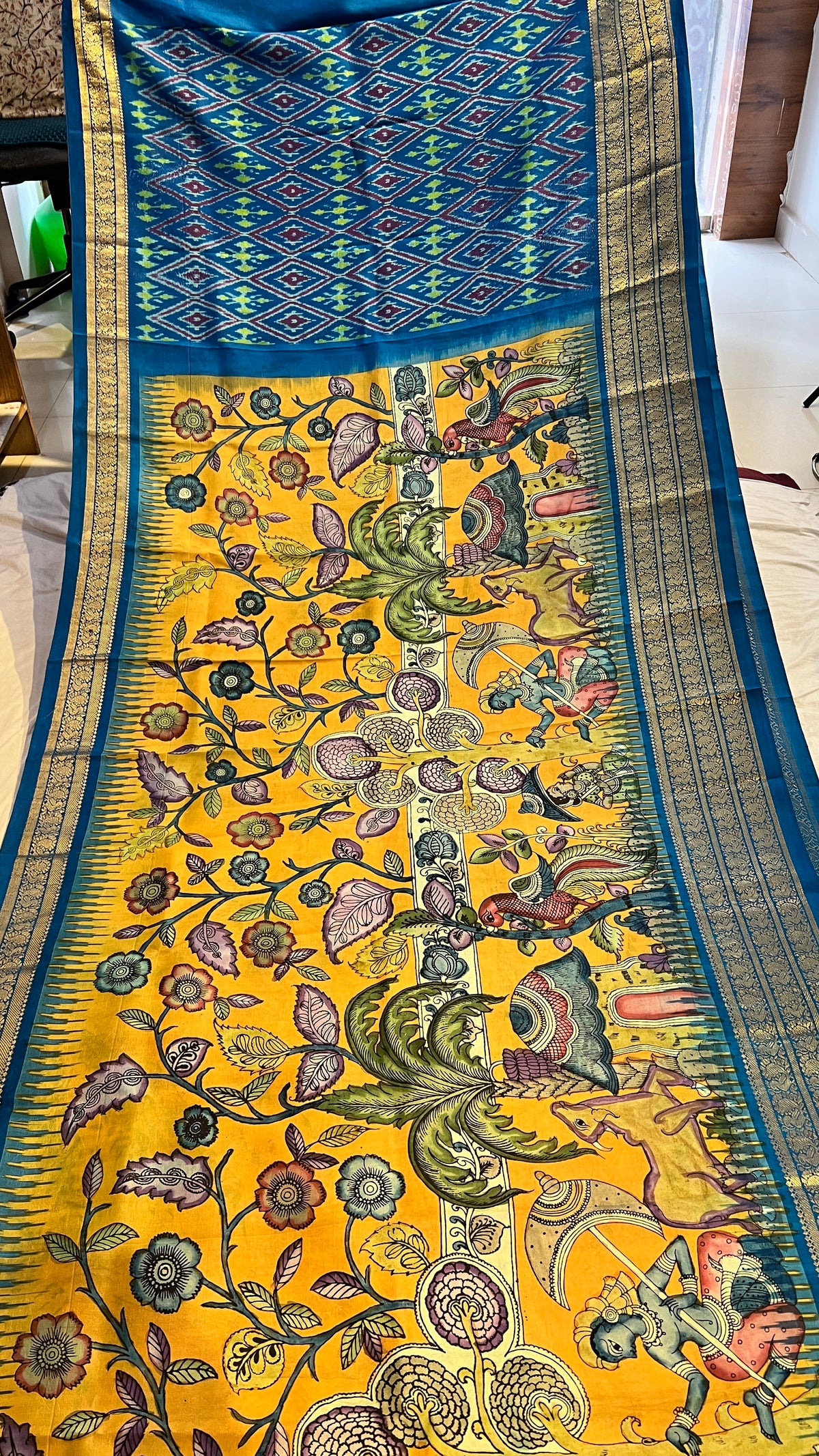 Pen Kalamkari ikkath Pattu Kanchi border Saree