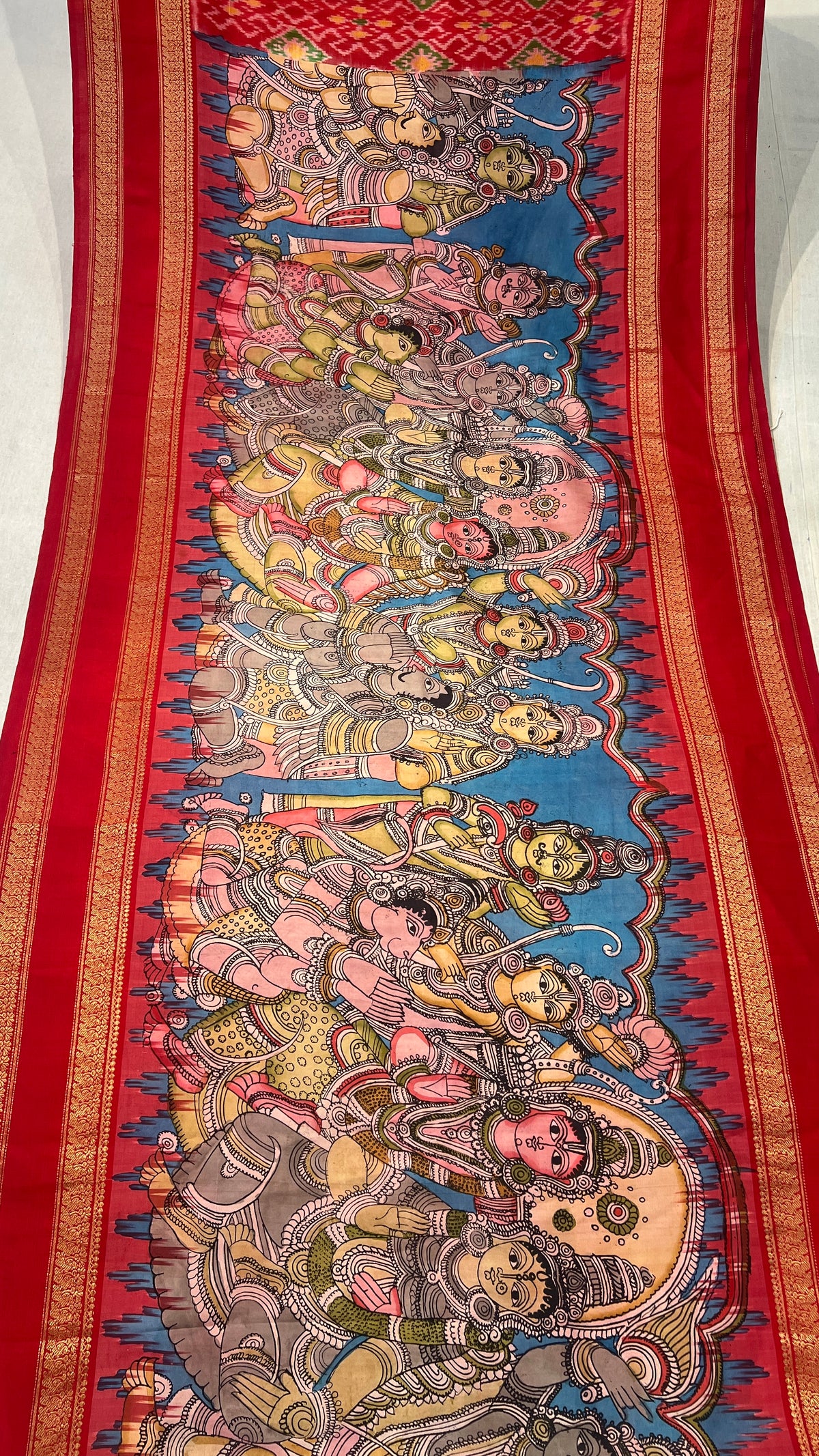 Pen Kalamkari ikkath Pattu Kanchi Gap border Saree