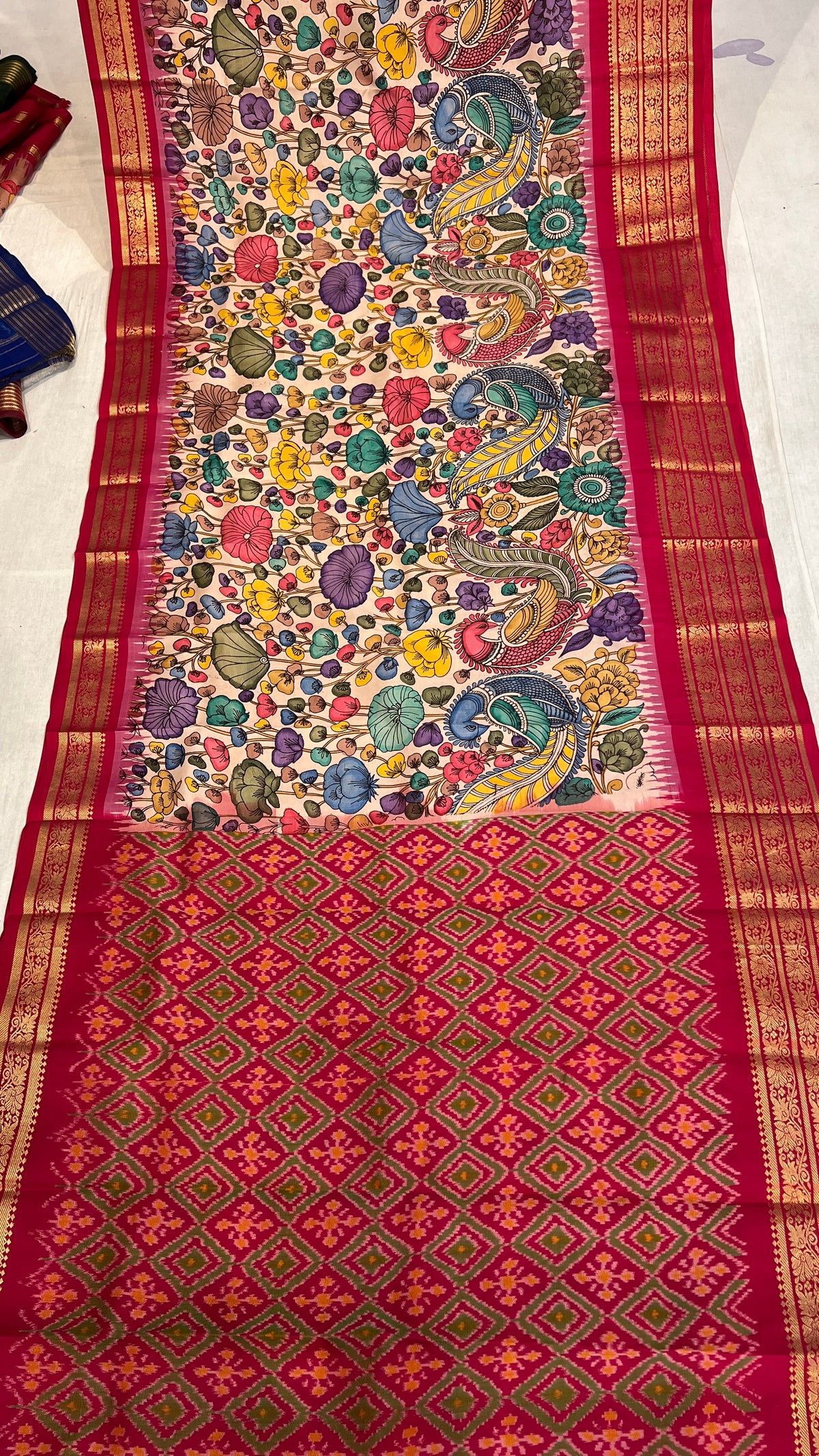 Pen Kalamkari Ikkath Pattu Kanchi Border Saree