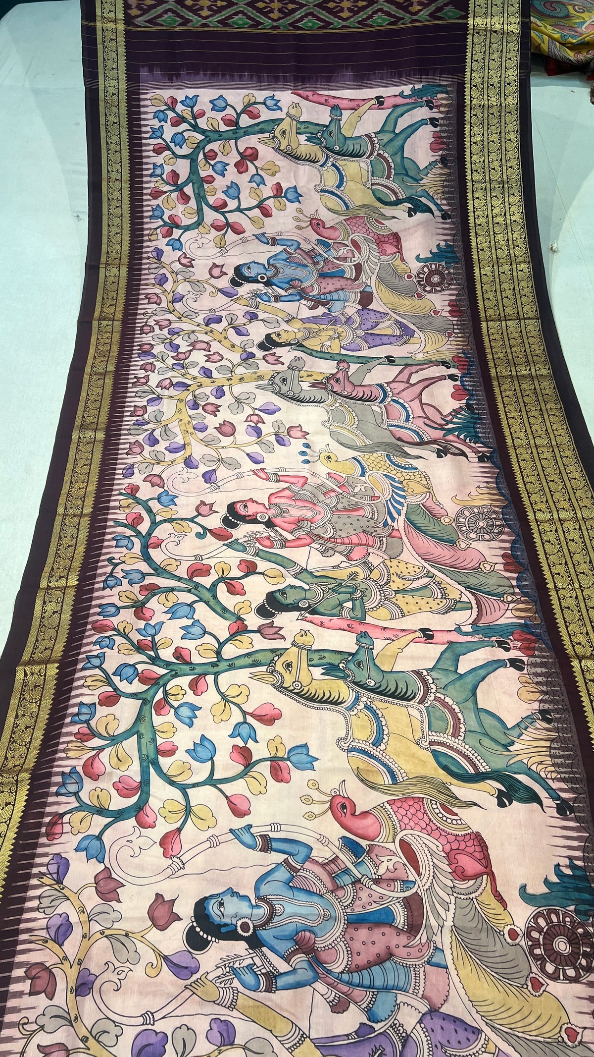 Pen Kalamkari ikkath Pattu Kanchi border Saree