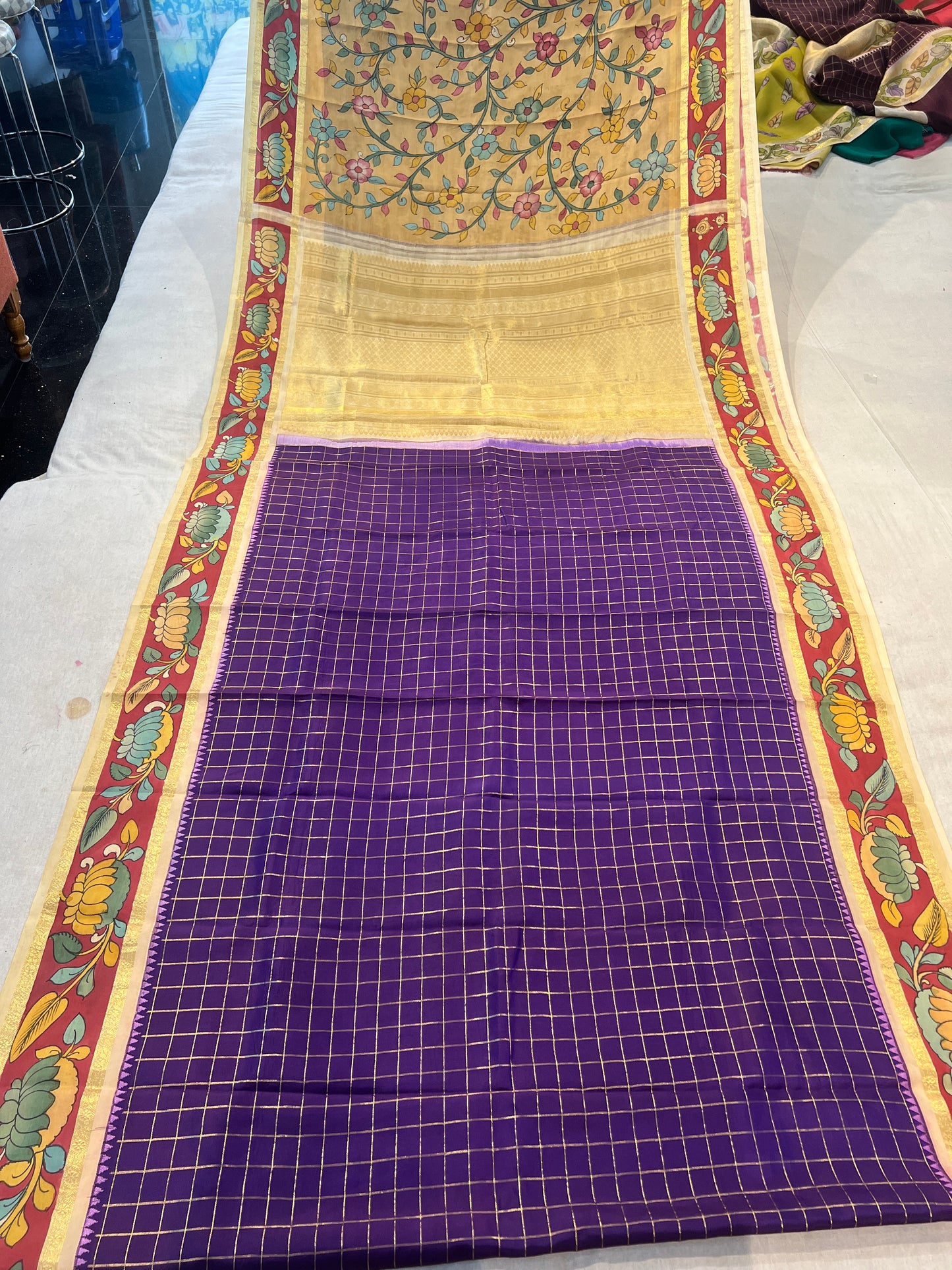 Kanchipattu Checks Saree with Pen Kalamkari Border