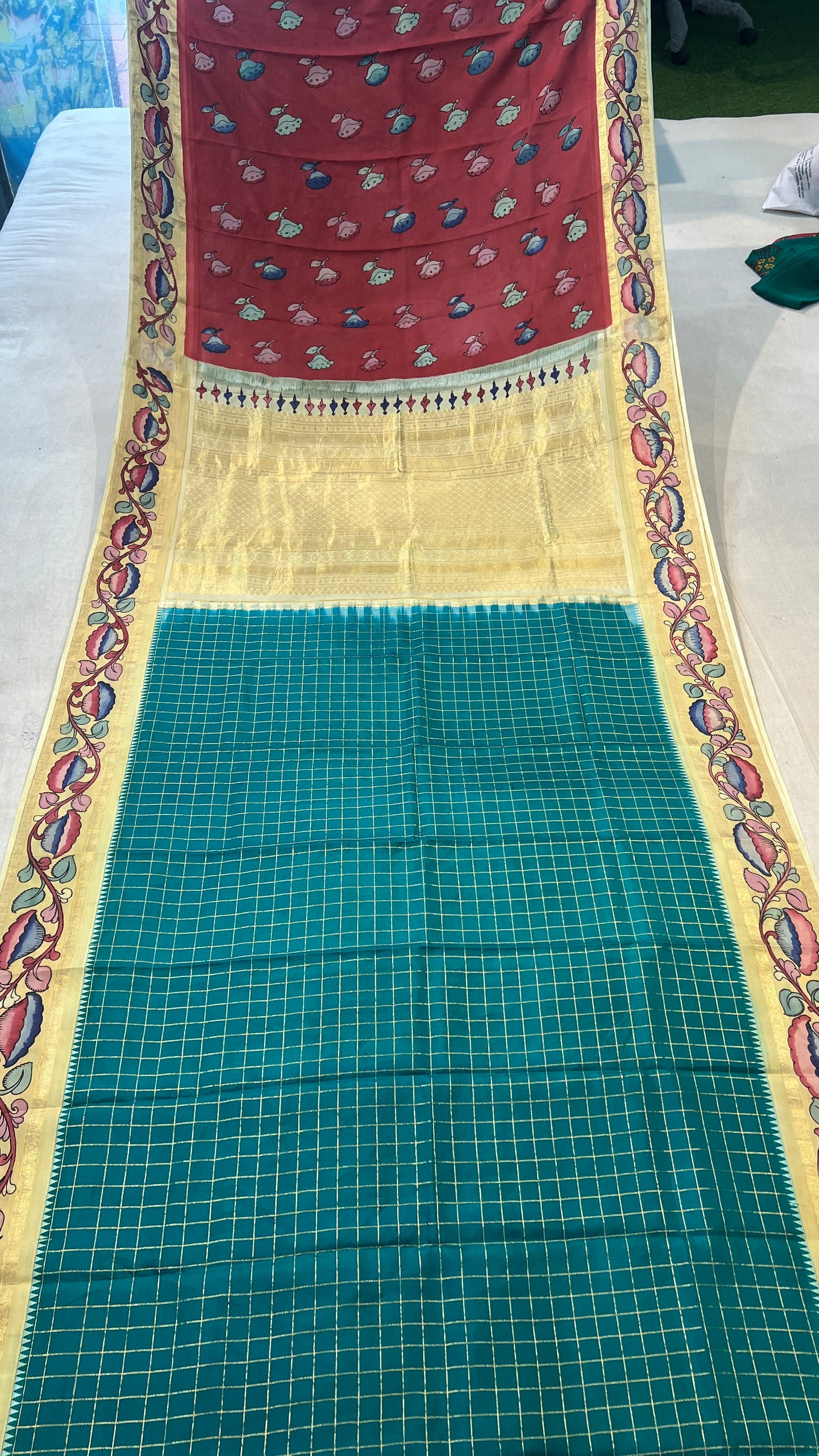 Kanchipattu Checks Saree with Pen Kalamkari Border