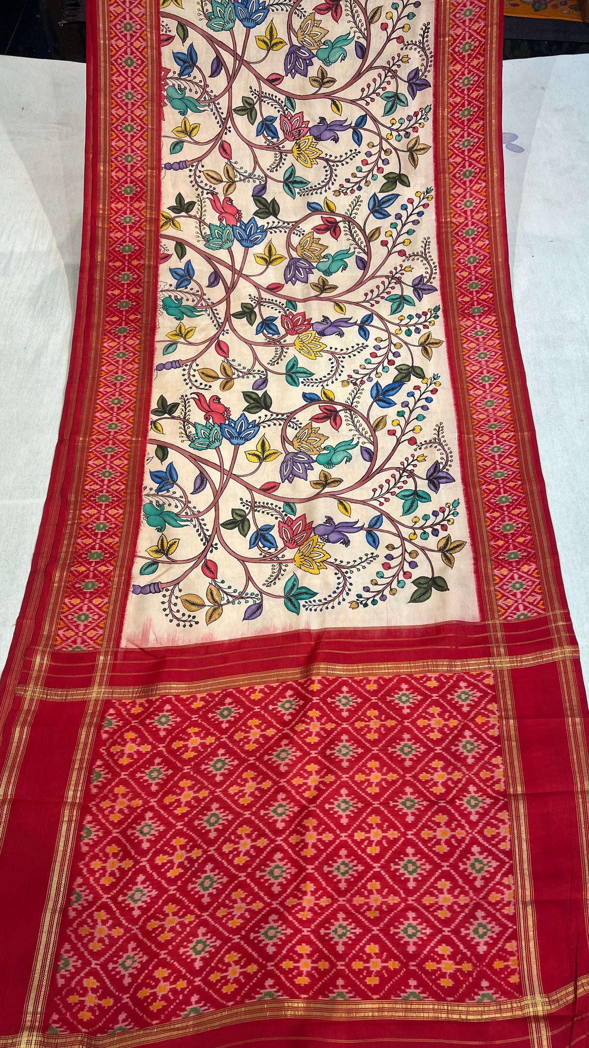 Pen Kalamkari Ikkath Pattu Saree