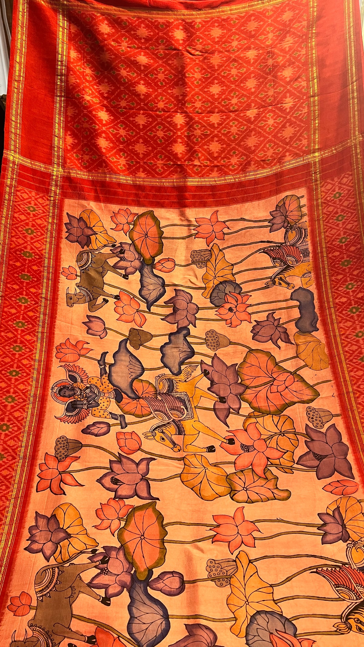 Pen Kalamkari Ikkath Pattu Saree