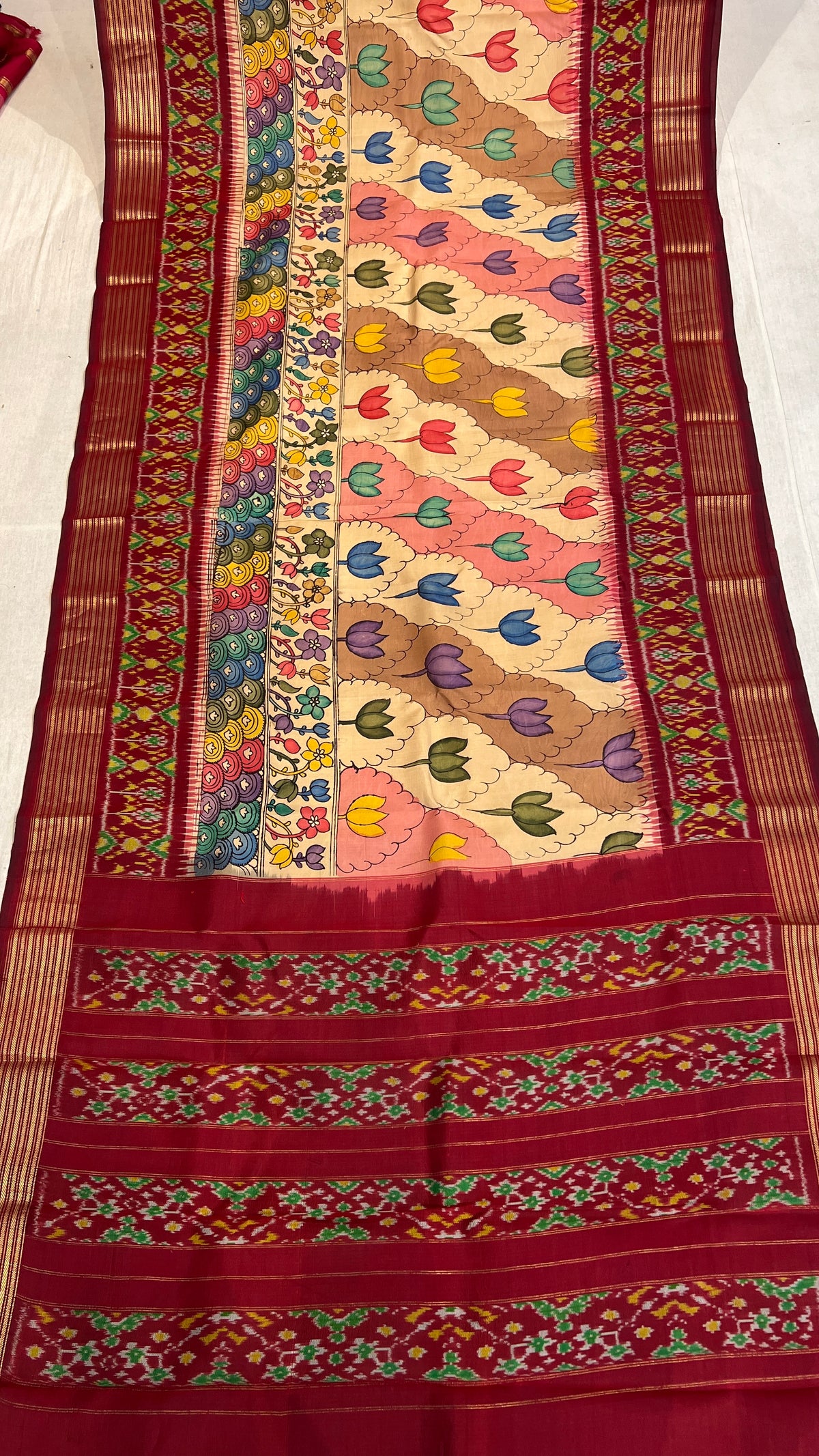 Pen Kalamkari Ikkath Pattu Patola Saree