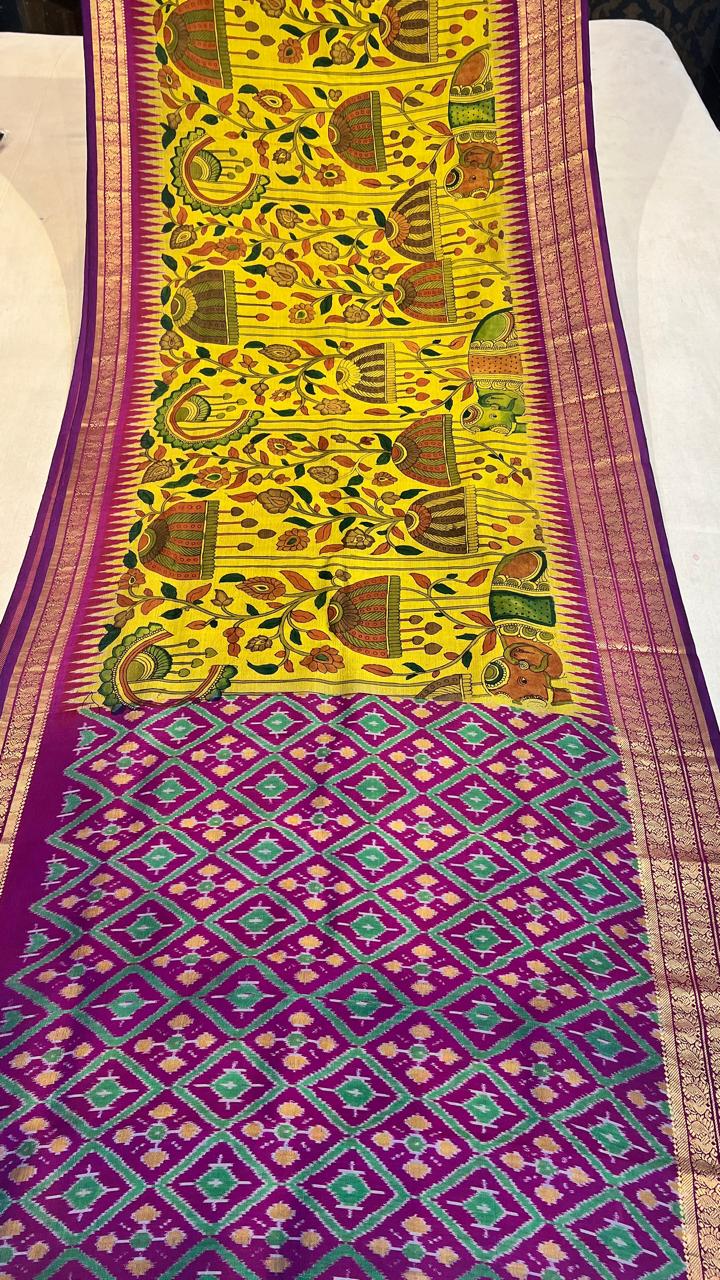 Pen Kalamkari ikkath Pattu Kanchi border Saree