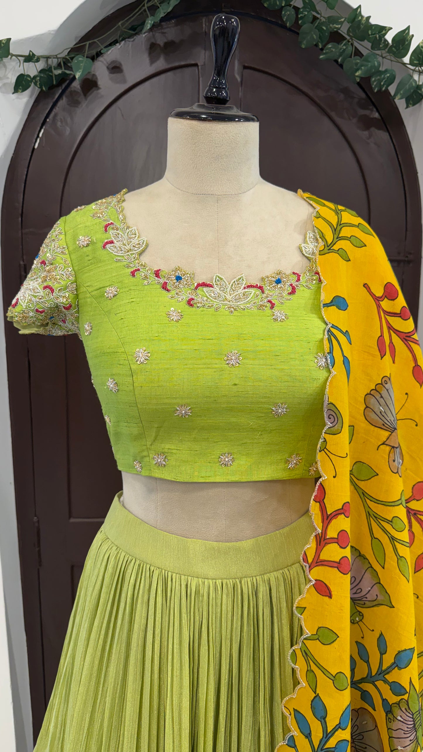 Pen Kalamkari appliqué lehenga in rich tissue fabric