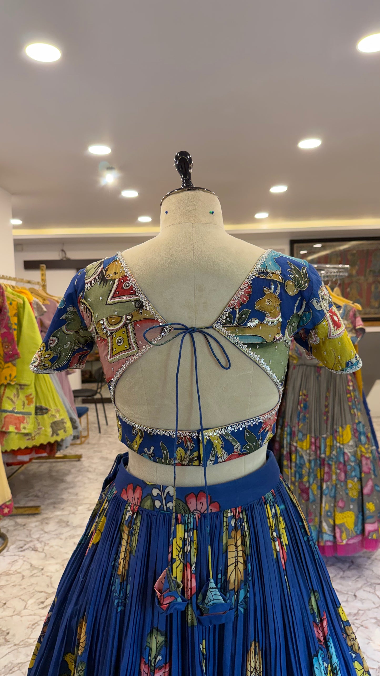 Royal blue pen kalamkari animal concept Lehenga