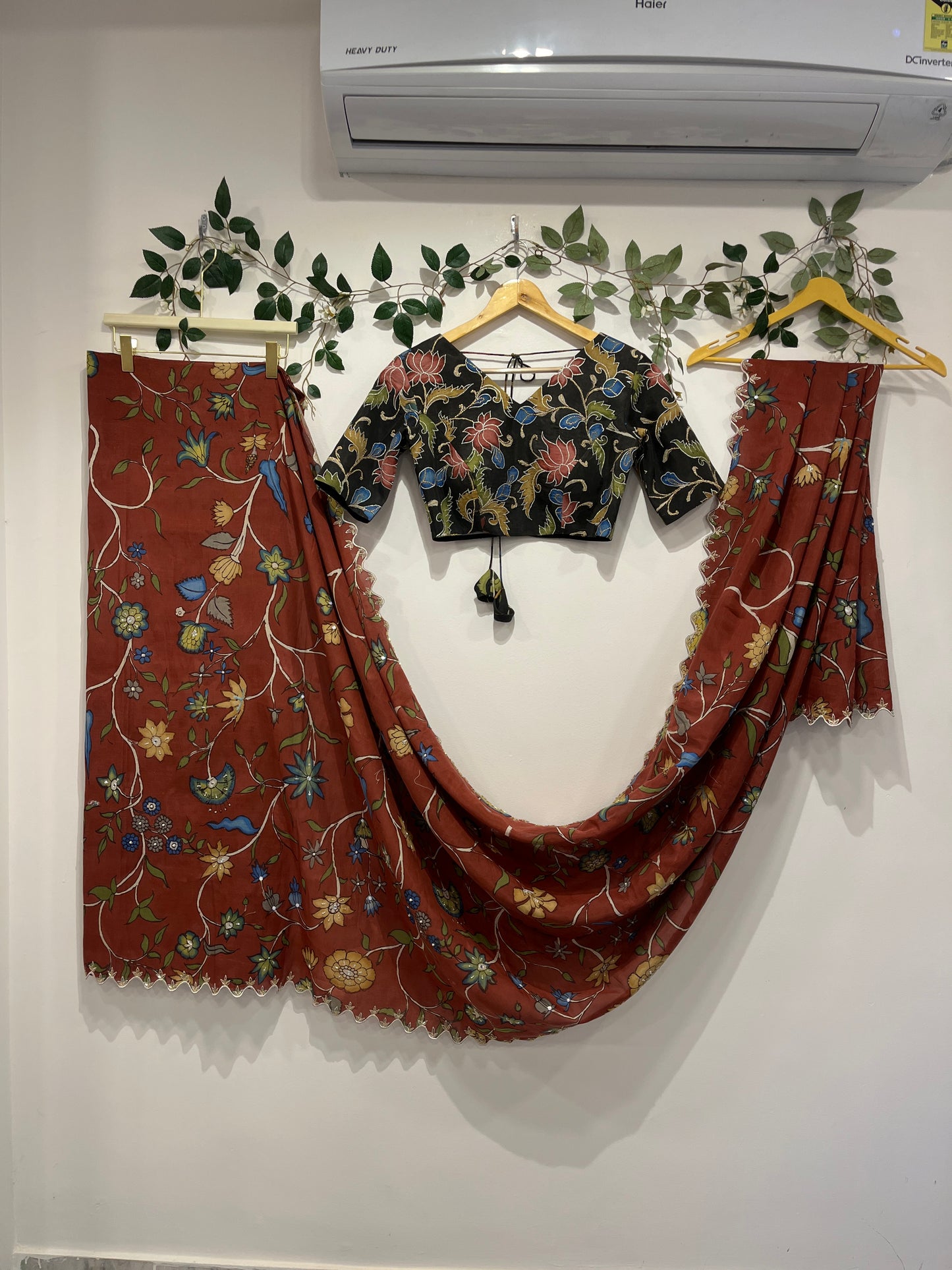 Maroon & Black Kalamkari Bangalore Silk Saree with Cutwork Blouse