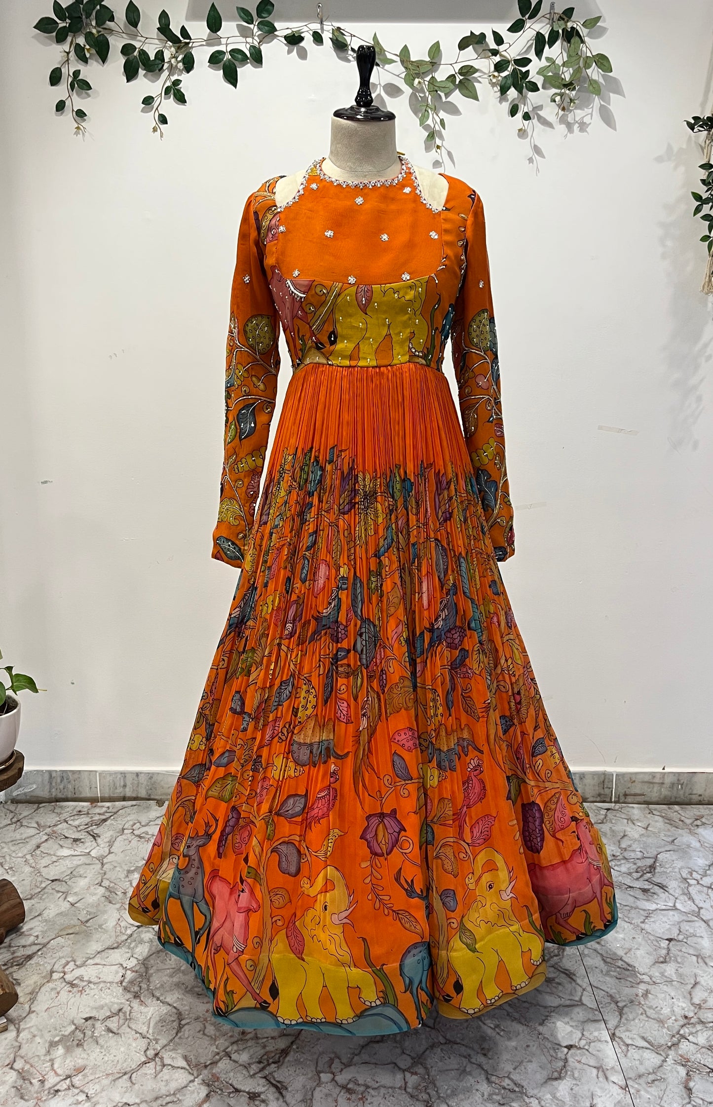 Pen Kalamkari Organza Halter Neck Long Frock