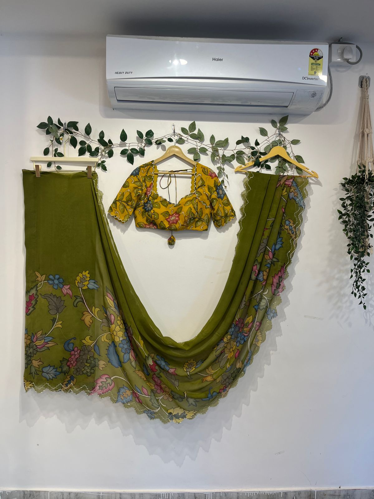 Green & Yellow Pen Kalamkari Organza Saree