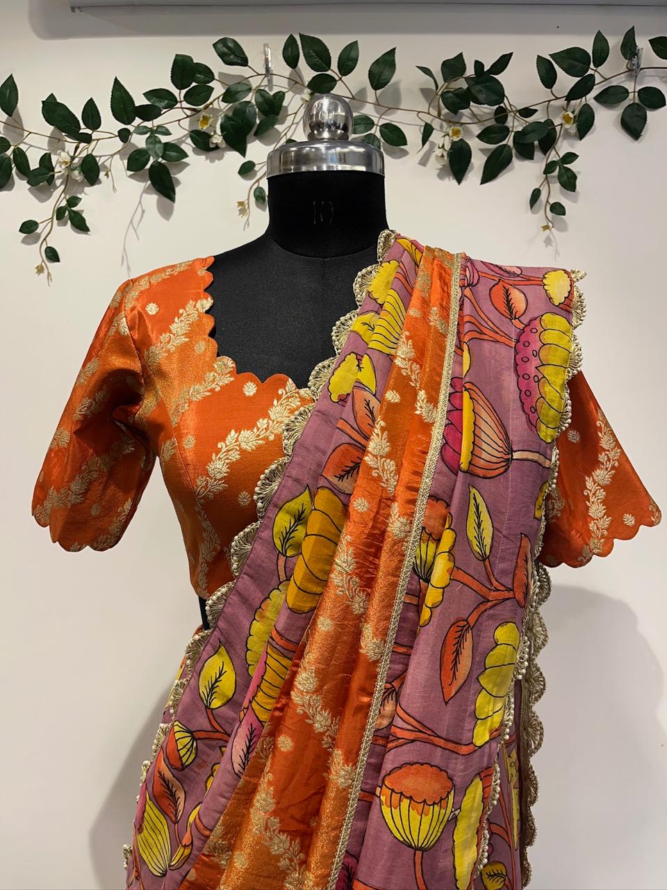 Banarasi Saree with Pen Kalamkari Border, Lace Detailing & Cutwork Blouse