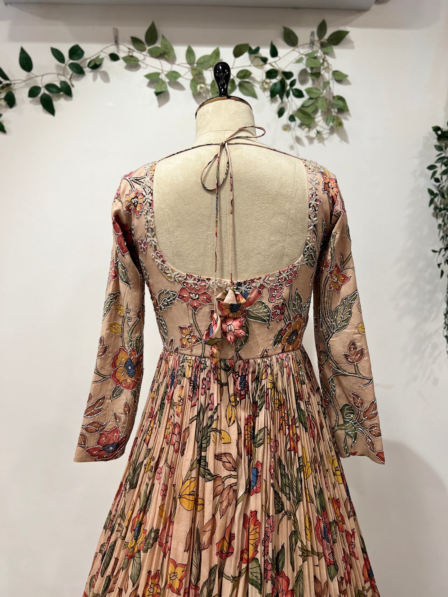 Cream Color Kalamkari Dress with Green Patch Long Frock