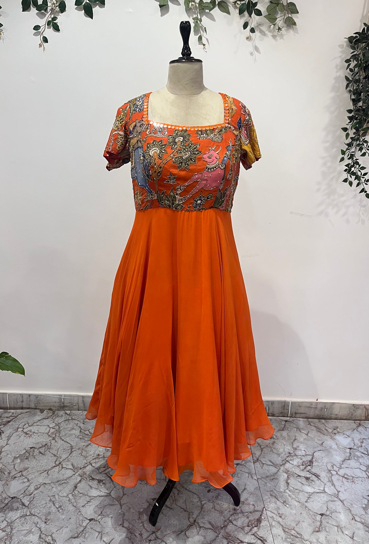Orange Organza Dress Long Frock