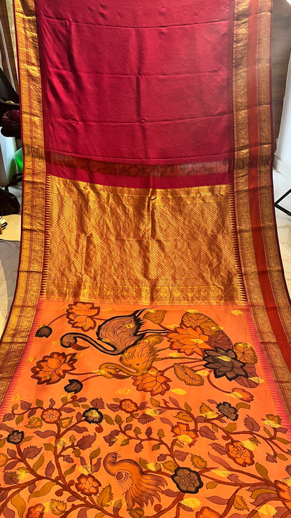 Pen Kalamkari Kanchi Pattu Saree