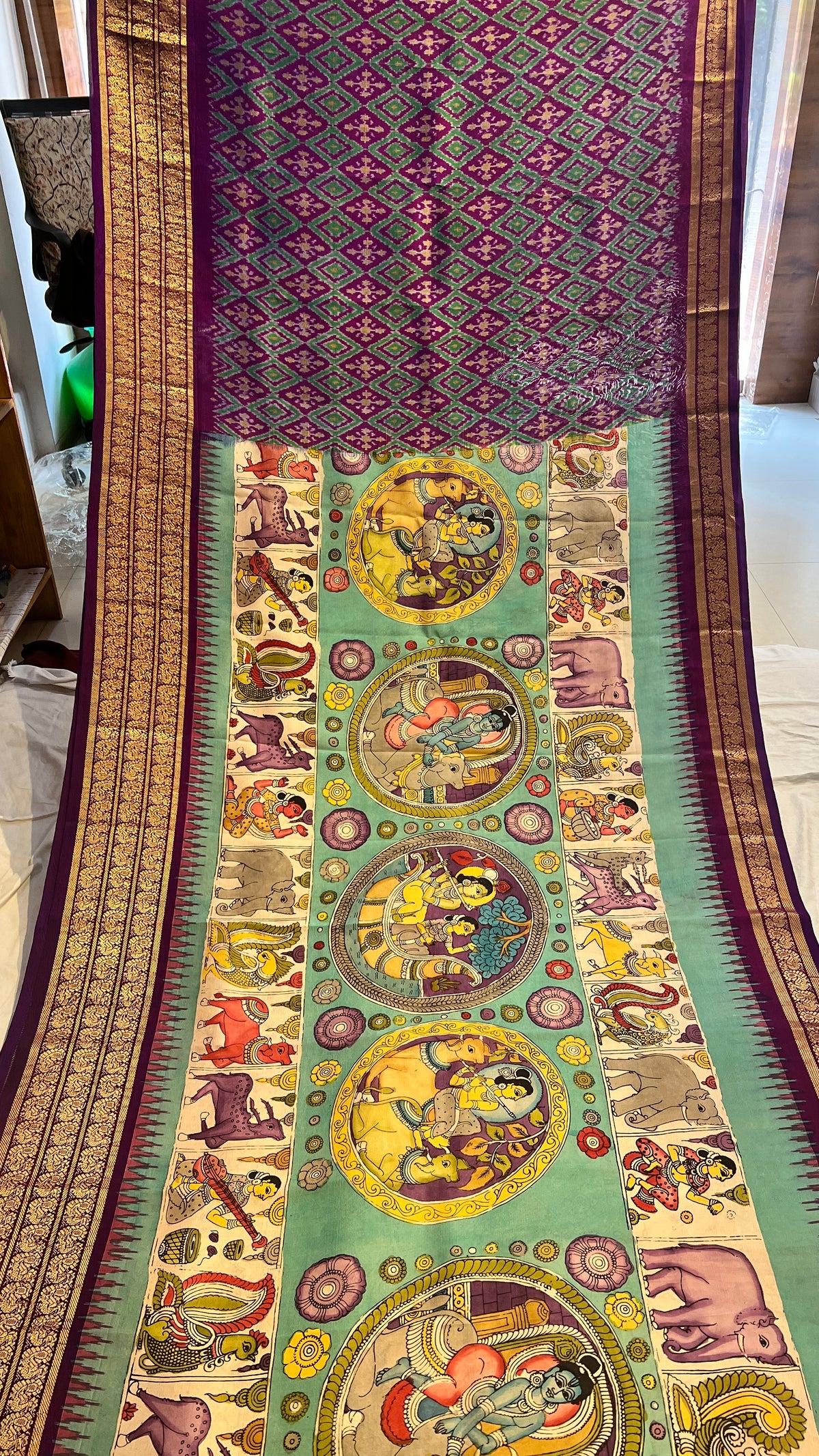 Pen Kalamkari ikkath Pattu Kanchi border Saree