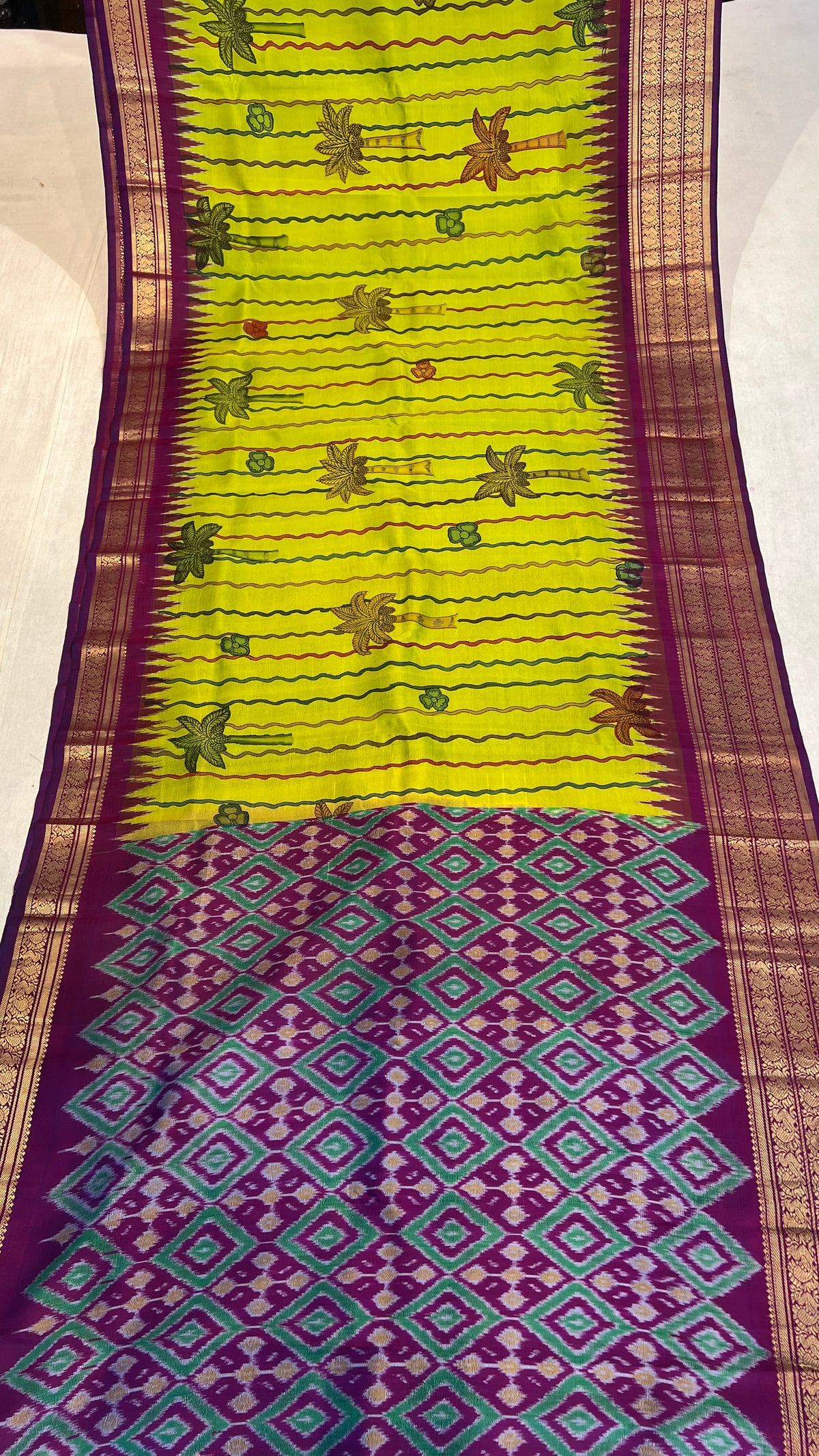 Pen Kalamkari Ikkath Pattu Kanchi Border Saree