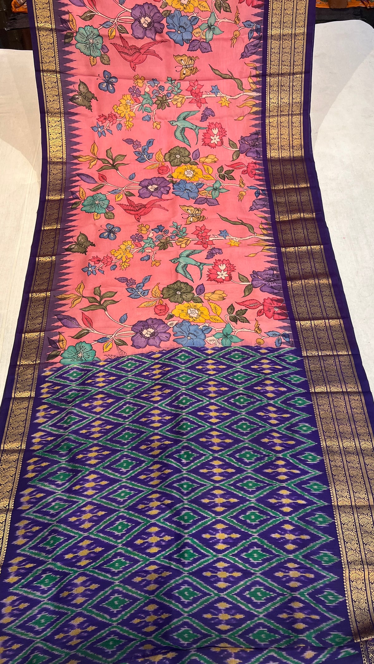 Pen Kalamkari Ikkath Pattu Kanchi Border Saree
