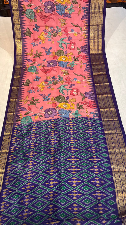 Pen Kalamkari Ikkath Pattu Kanchi Border Saree