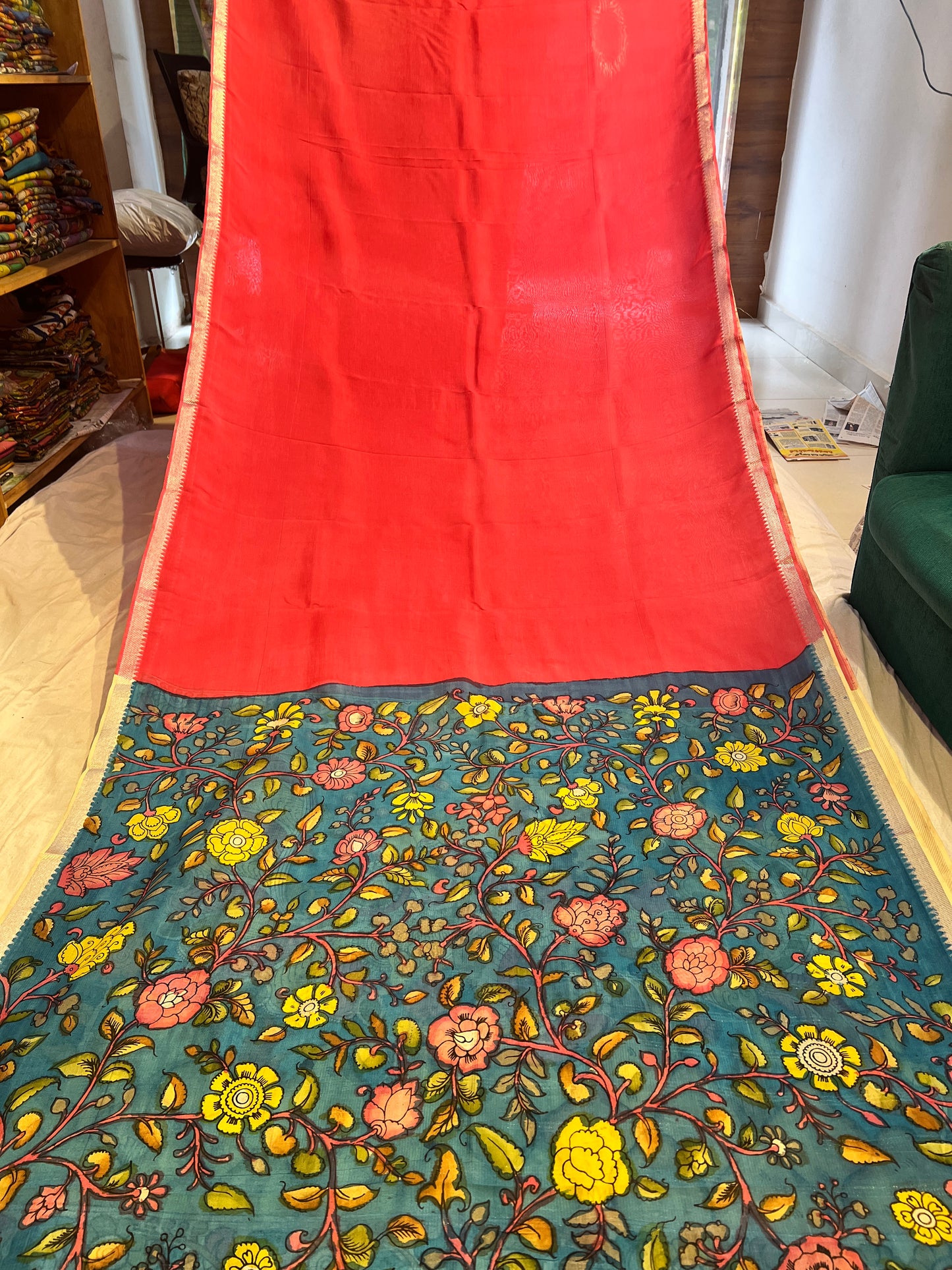 Pen Kalamkari Mangalagiri Silk Saree