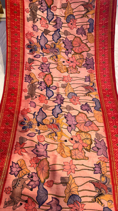 Pen Kalamkari Ikkath Pattu Saree