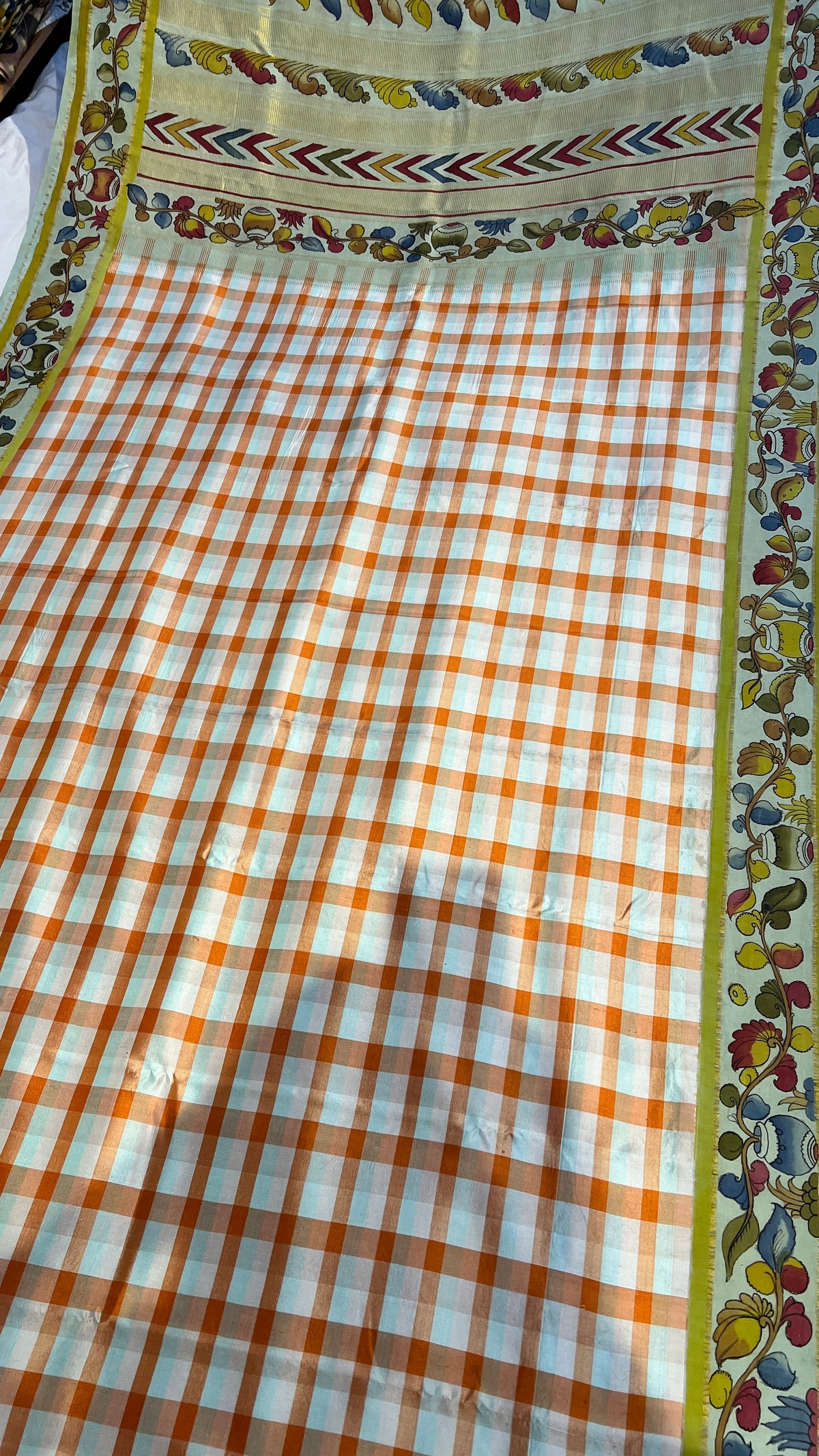 Pen Kalamkari Kattam checks Kanchipattu saree