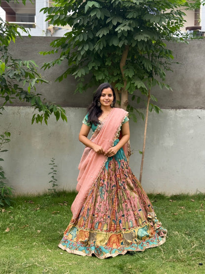 Pen Kalamkari Elephants and floral Bangalore Silk Lehenga