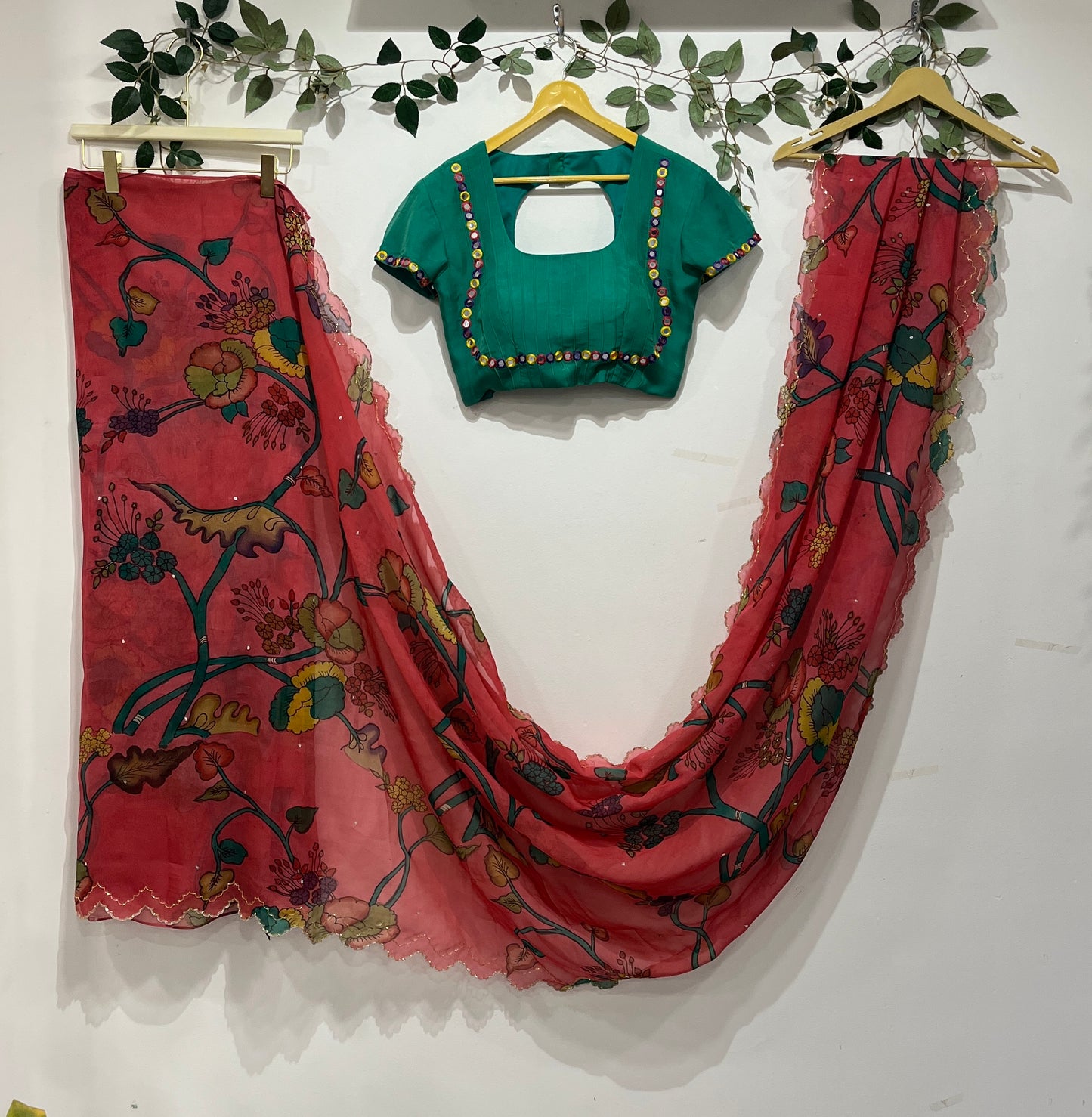 Peach & Green Kalamkari Organza Saree