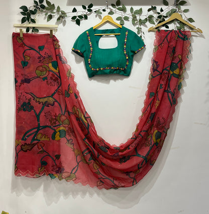Peach & Green Kalamkari Organza Saree