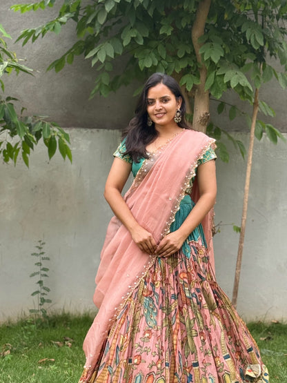 Pen Kalamkari Elephants and floral Bangalore Silk Lehenga