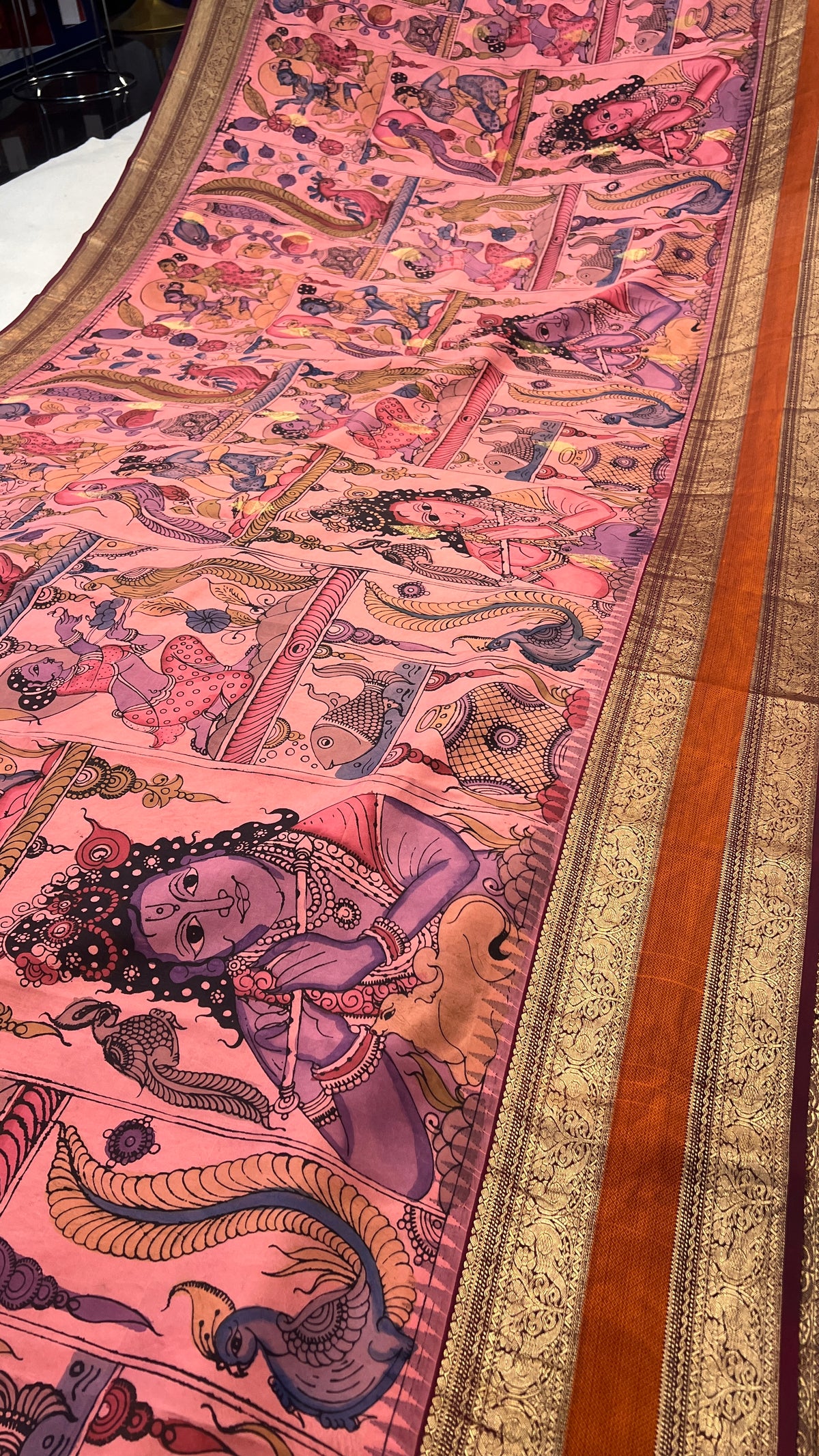Pen Kalamkari Elegance on Pure Kanchi Pattu