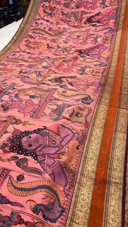 Pen Kalamkari Elegance on Pure Kanchi Pattu