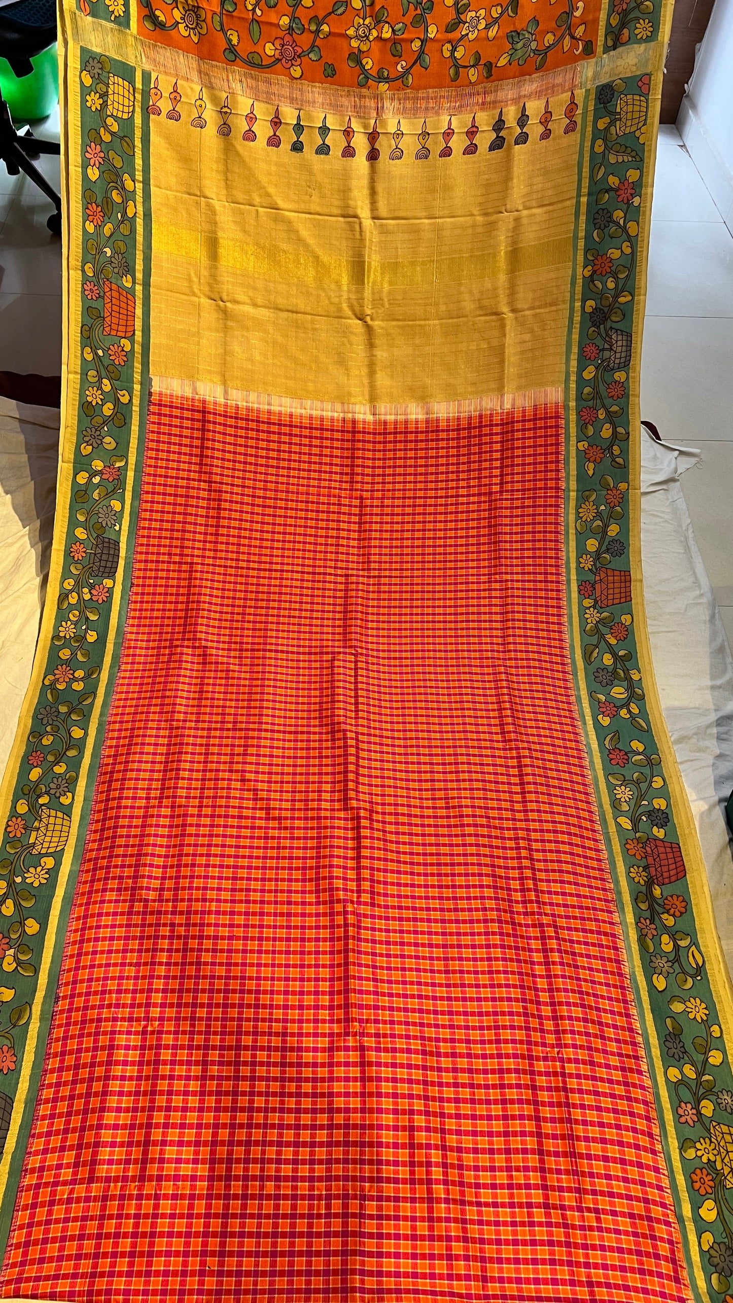 Pen Kalamkari on Pure Kanchi Pattu