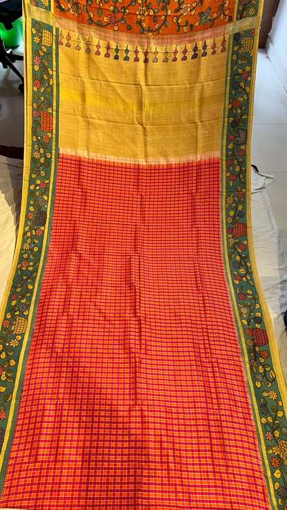 Pen Kalamkari on Pure Kanchi Pattu