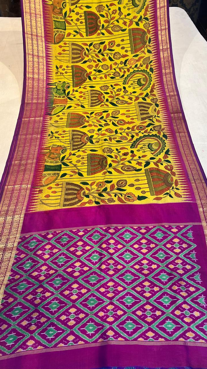 Pen Kalamkari ikkath Pattu Kanchi border Saree