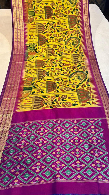 Pen Kalamkari ikkath Pattu Kanchi border Saree