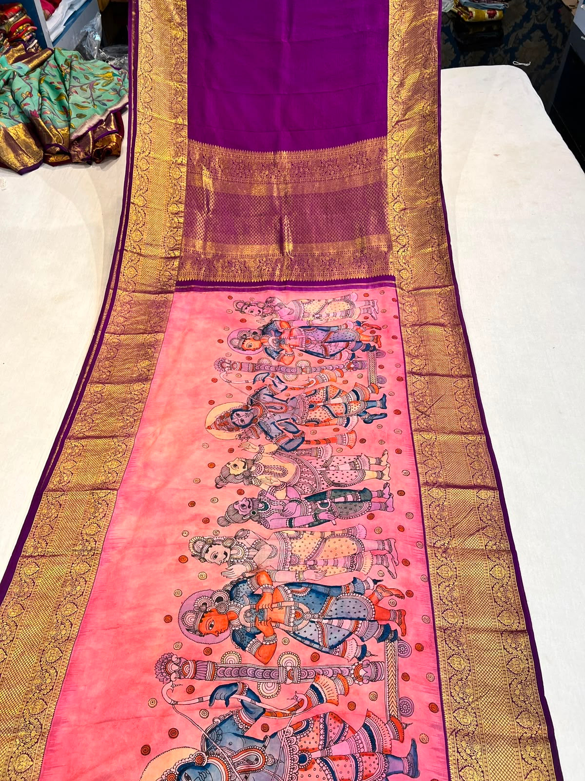 Kanchipattu Checks Saree with Pen Kalamkari Border