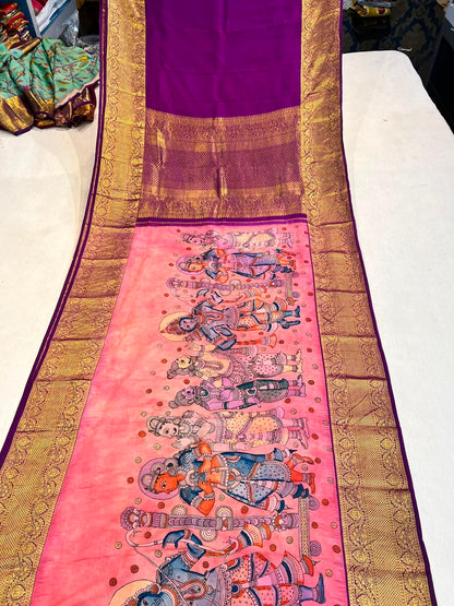 Kanchipattu Checks Saree with Pen Kalamkari Border