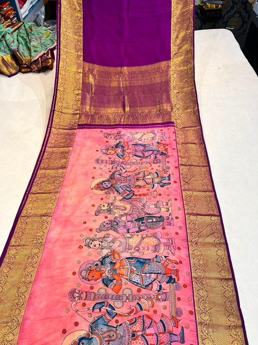 Kanchipattu Checks Saree with Pen Kalamkari Border