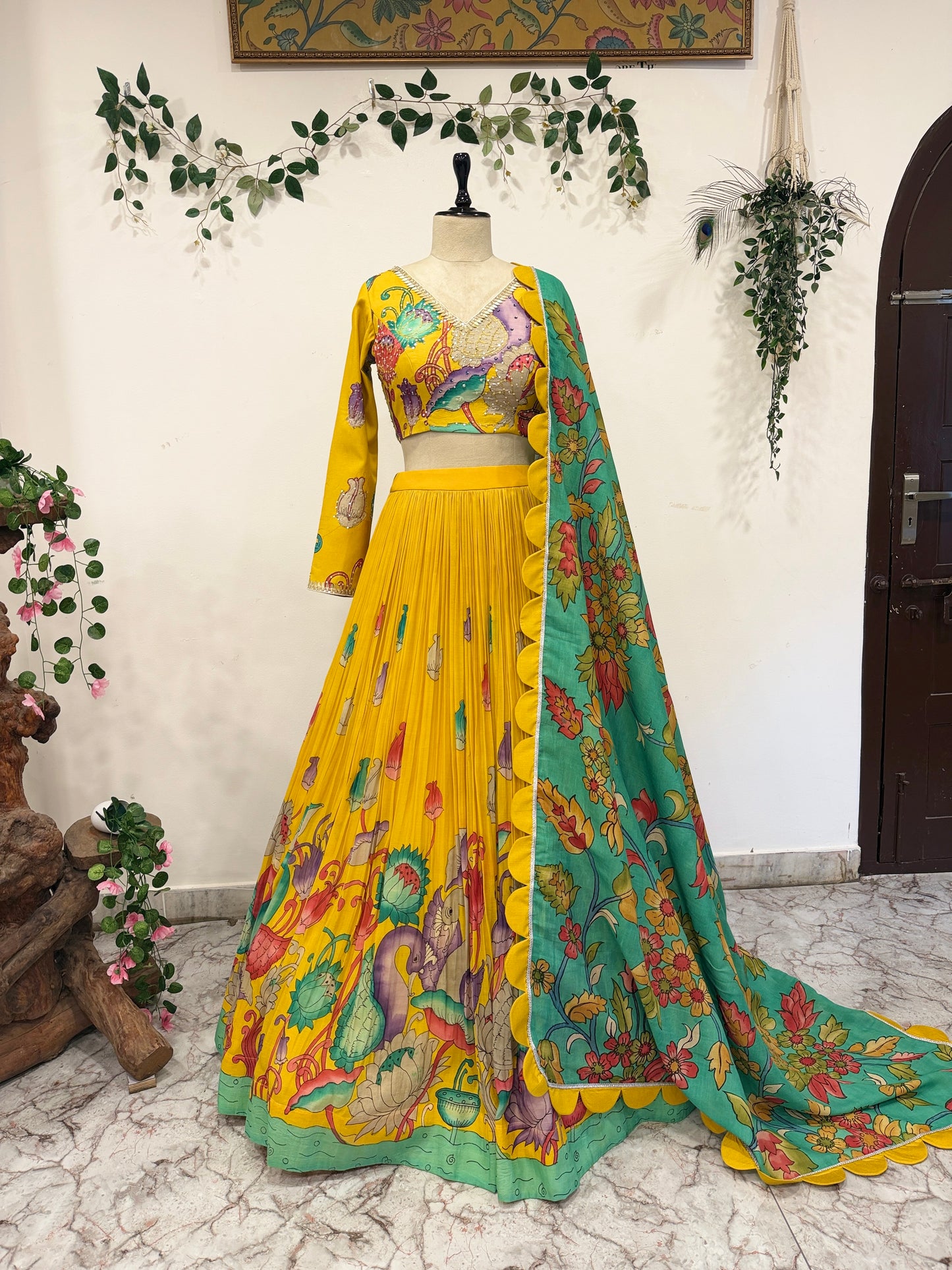 Golden Cranes – Pen Kalamkari Lehenga