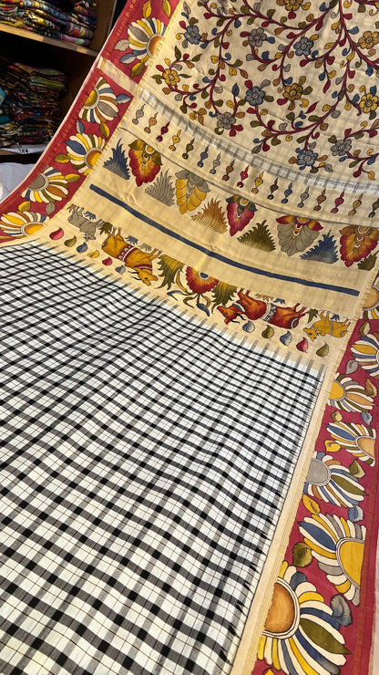 Pen Kalamkari Kattam checks Kanchipattu saree