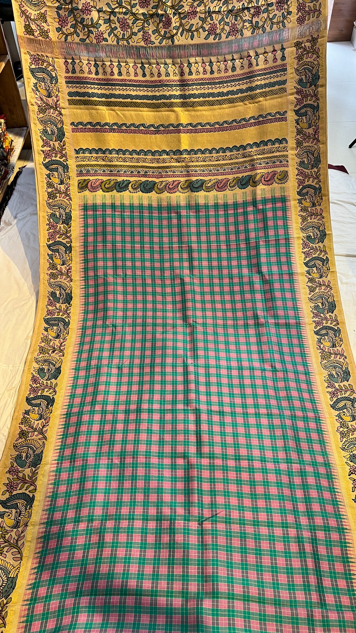 Pen Kalamkari Kattam checks Kanchipattu saree