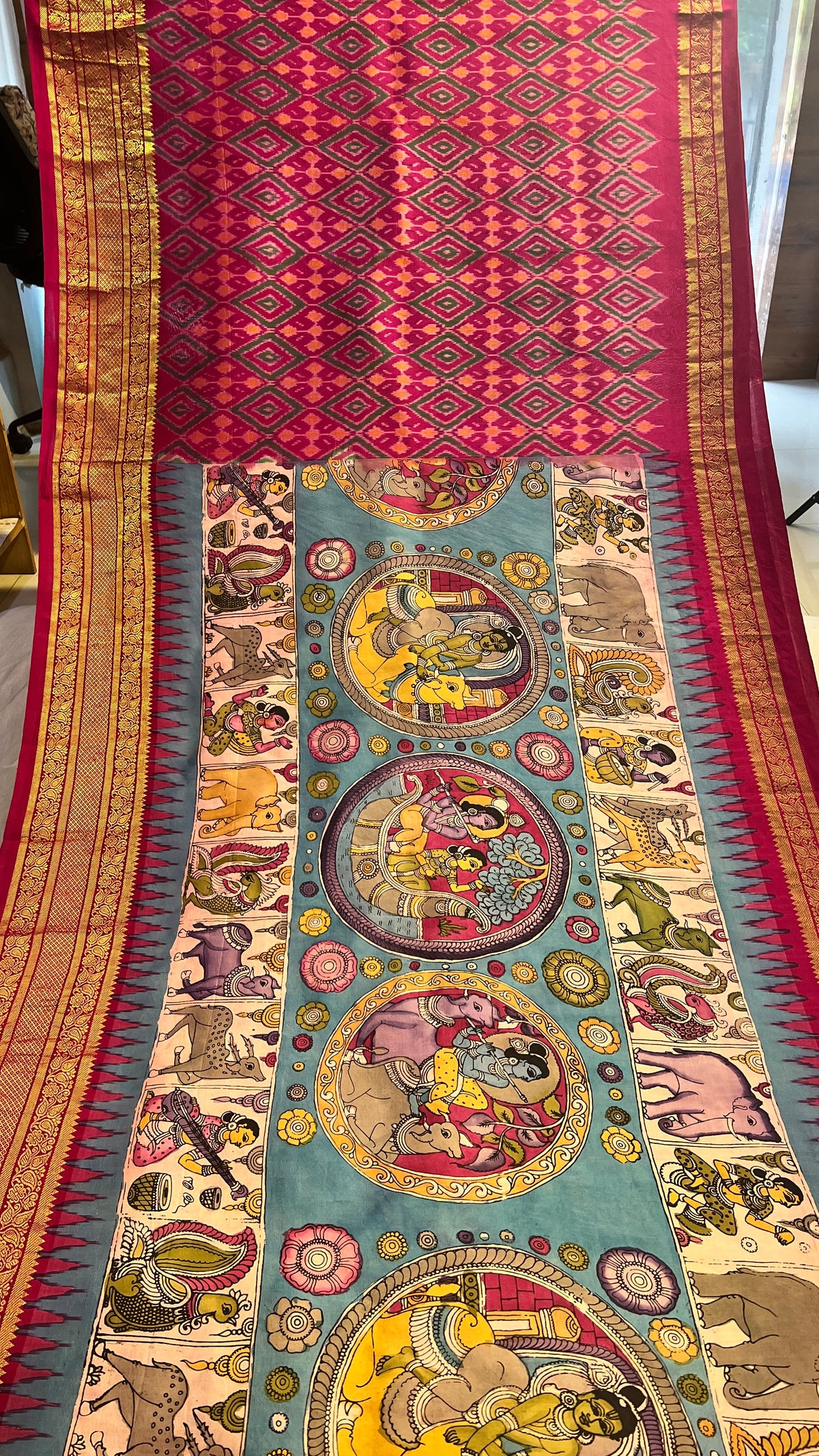 Pen Kalamkari Ikkath Pattu Kanchi Border Saree