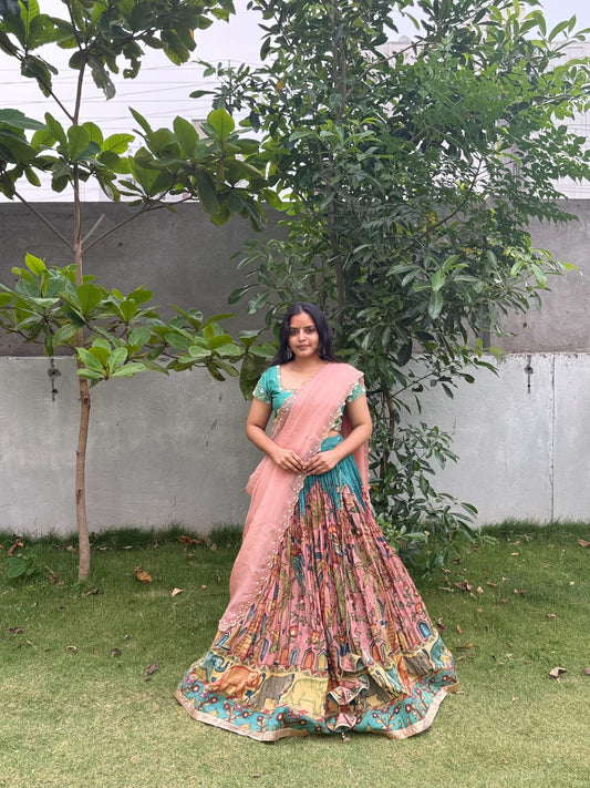 Pen Kalamkari Elephants and floral Bangalore Silk Lehenga