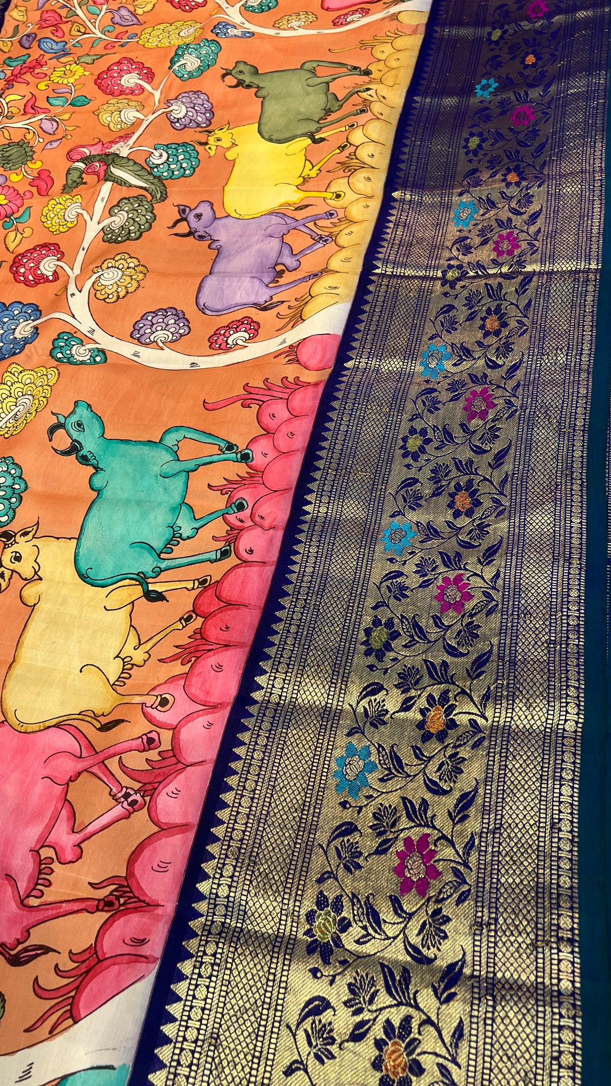 Pen Kalamkari Meenakari Border Kanchi Pattu Saree