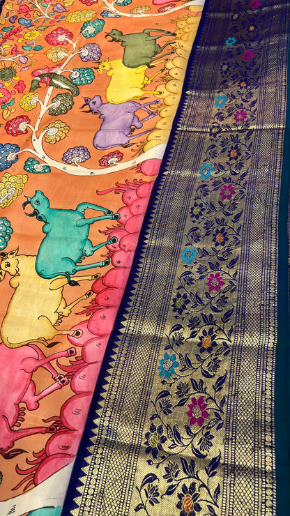 Pen Kalamkari Meenakari Border Kanchi Pattu Saree