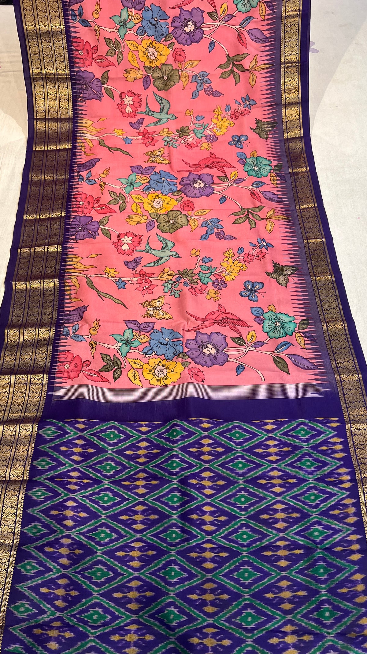 Pen Kalamkari Ikkath Pattu Kanchi Border Saree